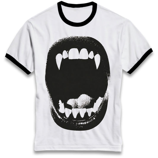 Vampire Bite Tee Gothic Ringer Shirt with Retro Contrast Collar