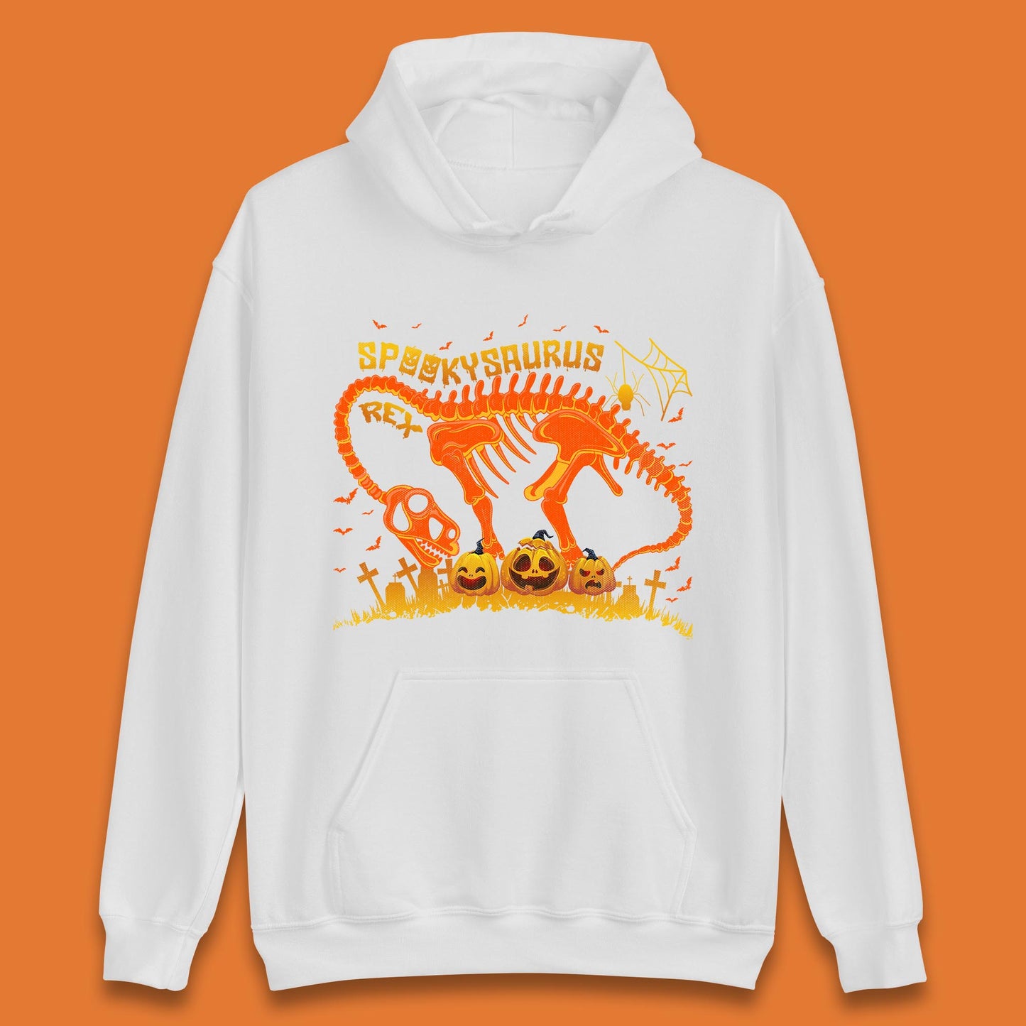Spooky Saurus Rex Halloween Dinosaur T-Rex Skeleton With Scary Pumpkins Unisex Hoodie