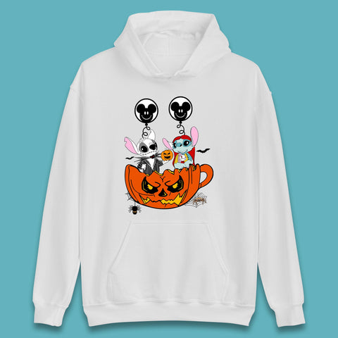 Stitch X Jack And Sally Inside Halloween Pumpkin With Mickey Mouse Balloons Jack And Sally Nightmare Before Christmas Unisex Hoodie
