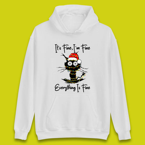 It's Fine I'm Fine Everything Is Fine Christmas Cat Sarcastic Holiday Electrocuted Cat Meme Xmas Unisex Hoodie