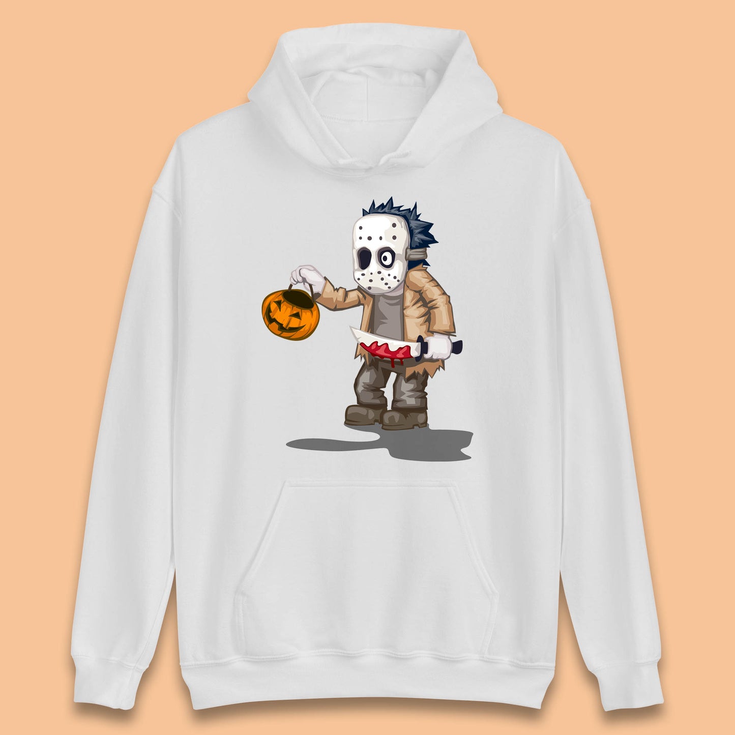 Chibi Jason Voorhees Holding Bloody Knife And Pumpkin Bucket Halloween Friday The 13th Horror Movie Unisex Hoodie