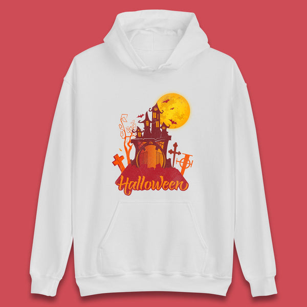 Halloween Lettering With Full Moon Scary Haunted House Flying Bats Horror Graveyard Unisex Hoodie