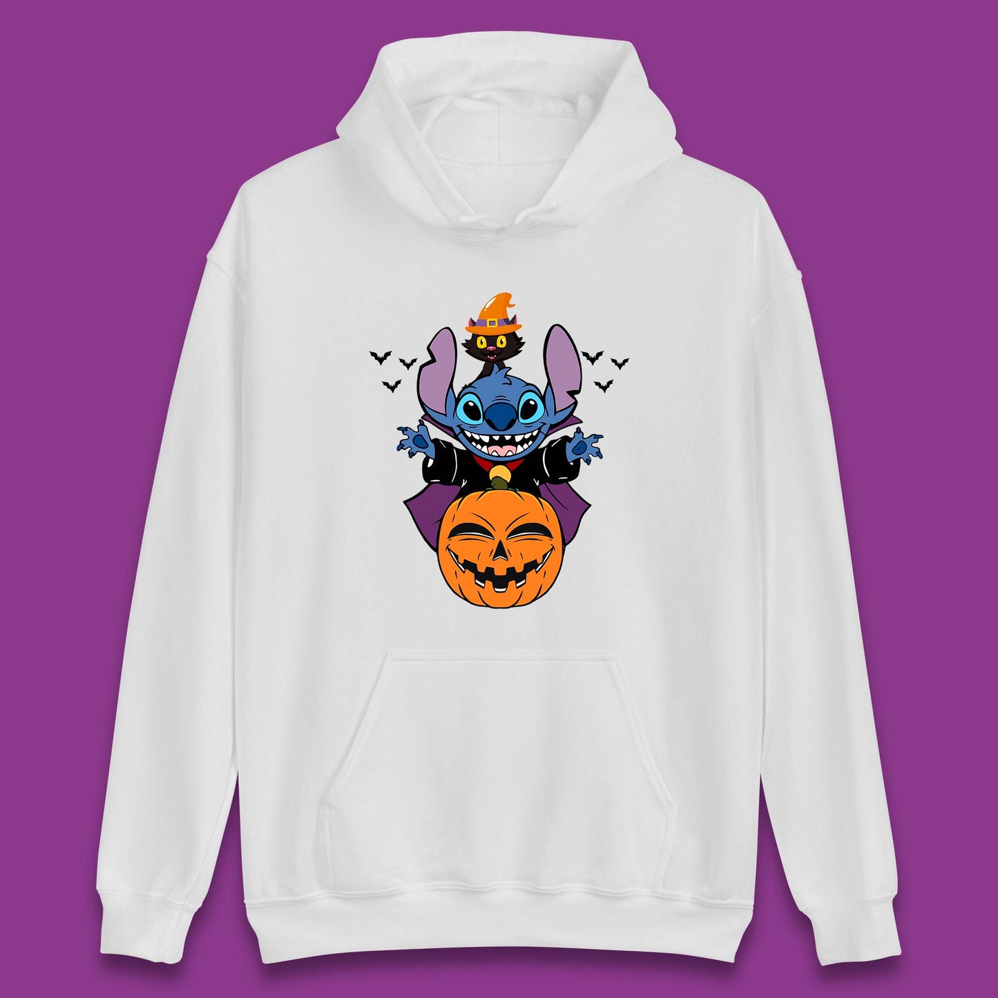 Disney Halloween Pumpkin Devil Stitch With Black Cat Horror Scary Disney Lilo & Stitch Unisex Hoodie