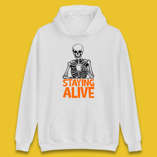 Staying Alive Funny Skeleton Trendy Coffee Halloween Skull Vintage Coffee Lovers Unisex Hoodie