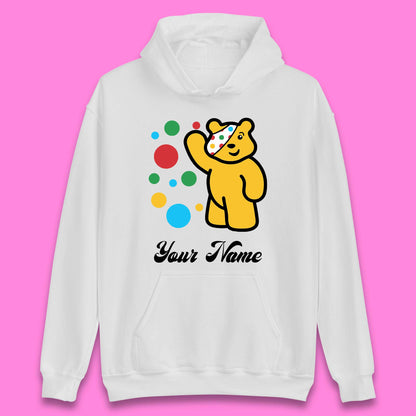 Personalised Spotty Pudsey Bear Hand Waving Dotty Spot Your Name Fundraising Spotty Bear Spotty Day Unisex Hoodie