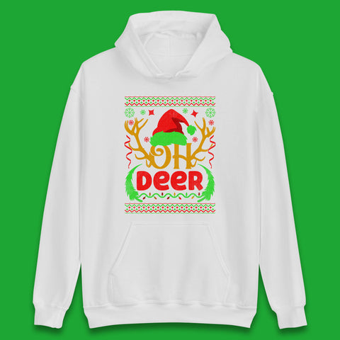 Oh Deer Merry Christmas Santa Hat Deer Antlers Funny Xmas Unisex Hoodie