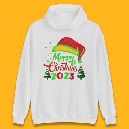 Merry Christmas 2023 Elf Hat Christmas Trees Xmas Gift Unisex Hoodie