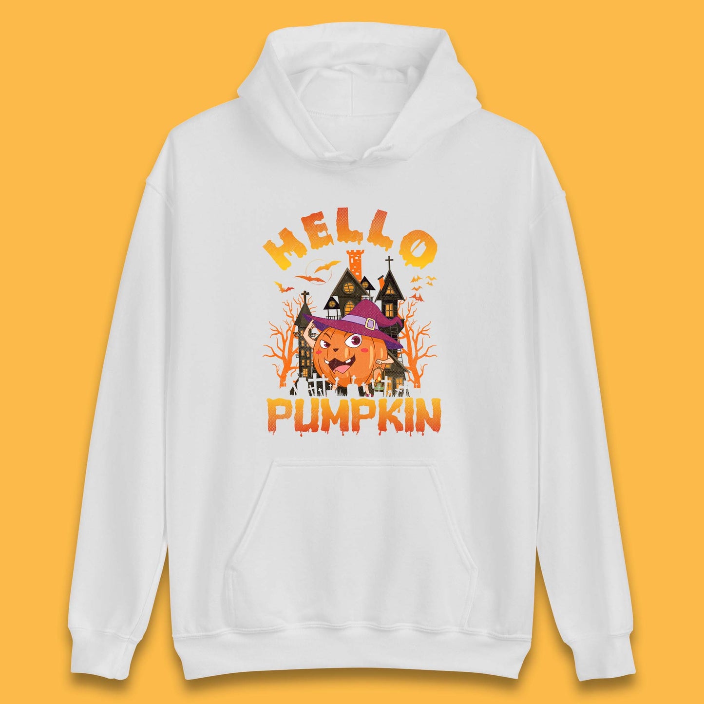 Hello Pumpkin Cartoon Halloween Pumpkin With Witch Hat Devil Smile Haunted Castle Unisex Hoodie
