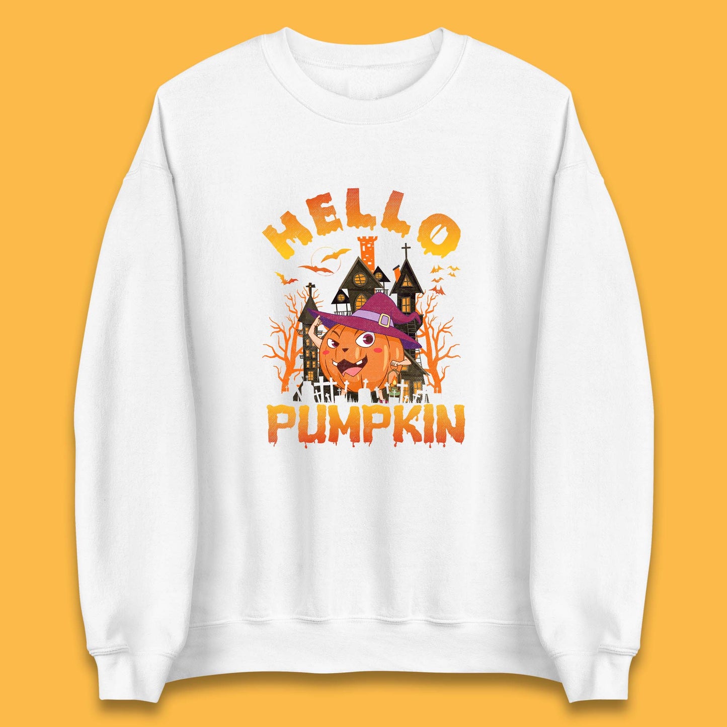 Hello Pumpkin Cartoon Halloween Pumpkin With Witch Hat Devil Smile Haunted Castle Unisex Sweatshirt