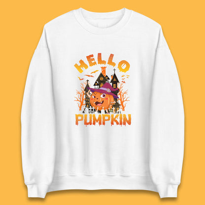 Hello Pumpkin Cartoon Halloween Pumpkin With Witch Hat Devil Smile Haunted Castle Unisex Sweatshirt
