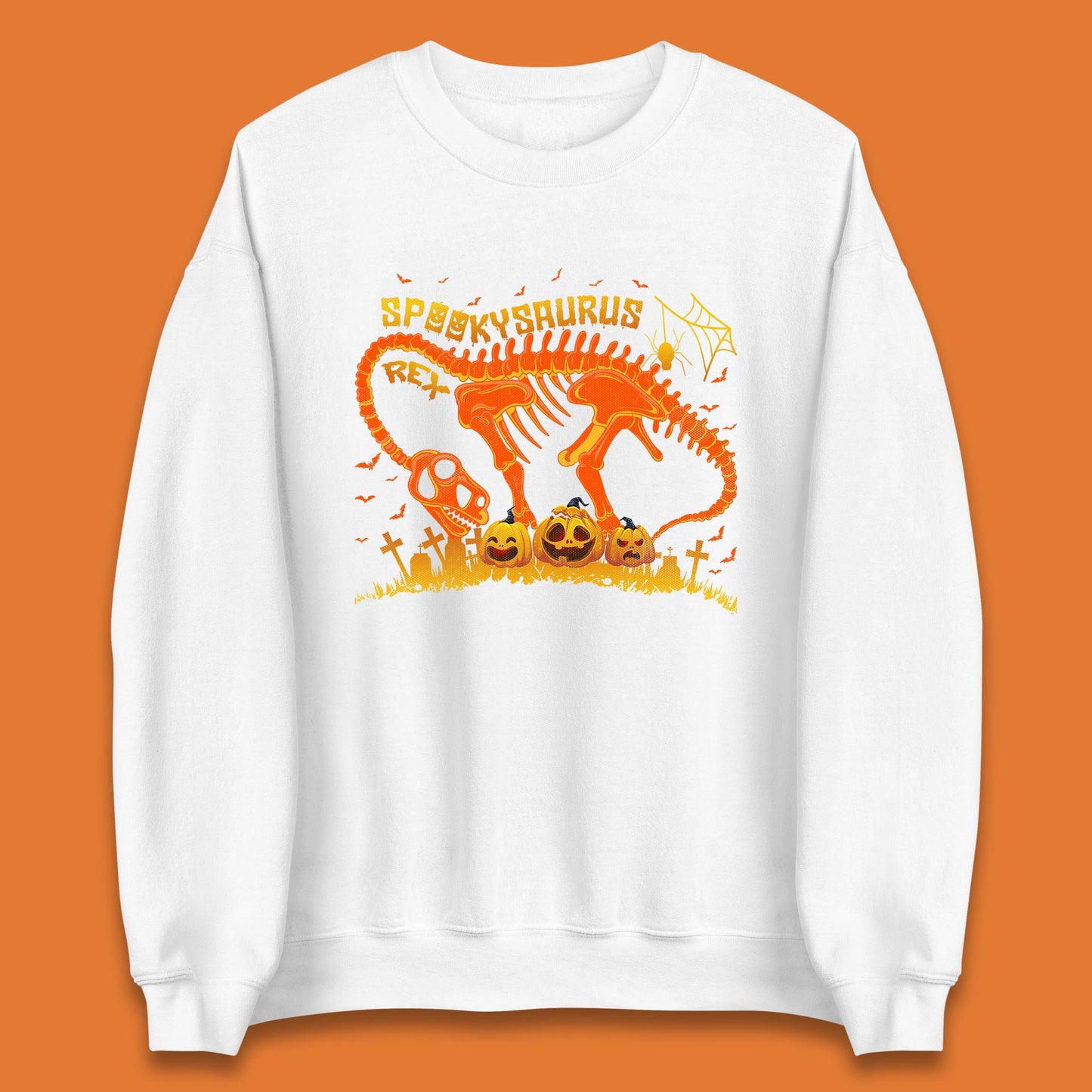 Spooky Saurus Rex Halloween Dinosaur T-Rex Skeleton With Scary Pumpkins Unisex Sweatshirt