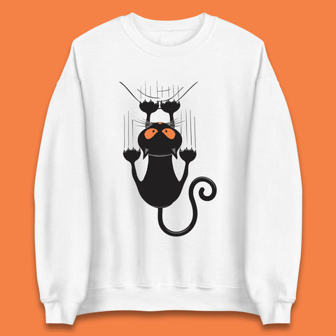 Black Cat Cartoon Scratching Climbing Wall Halloween Horror Scary Black Cat Spooky Season Unisex Sweatshirt