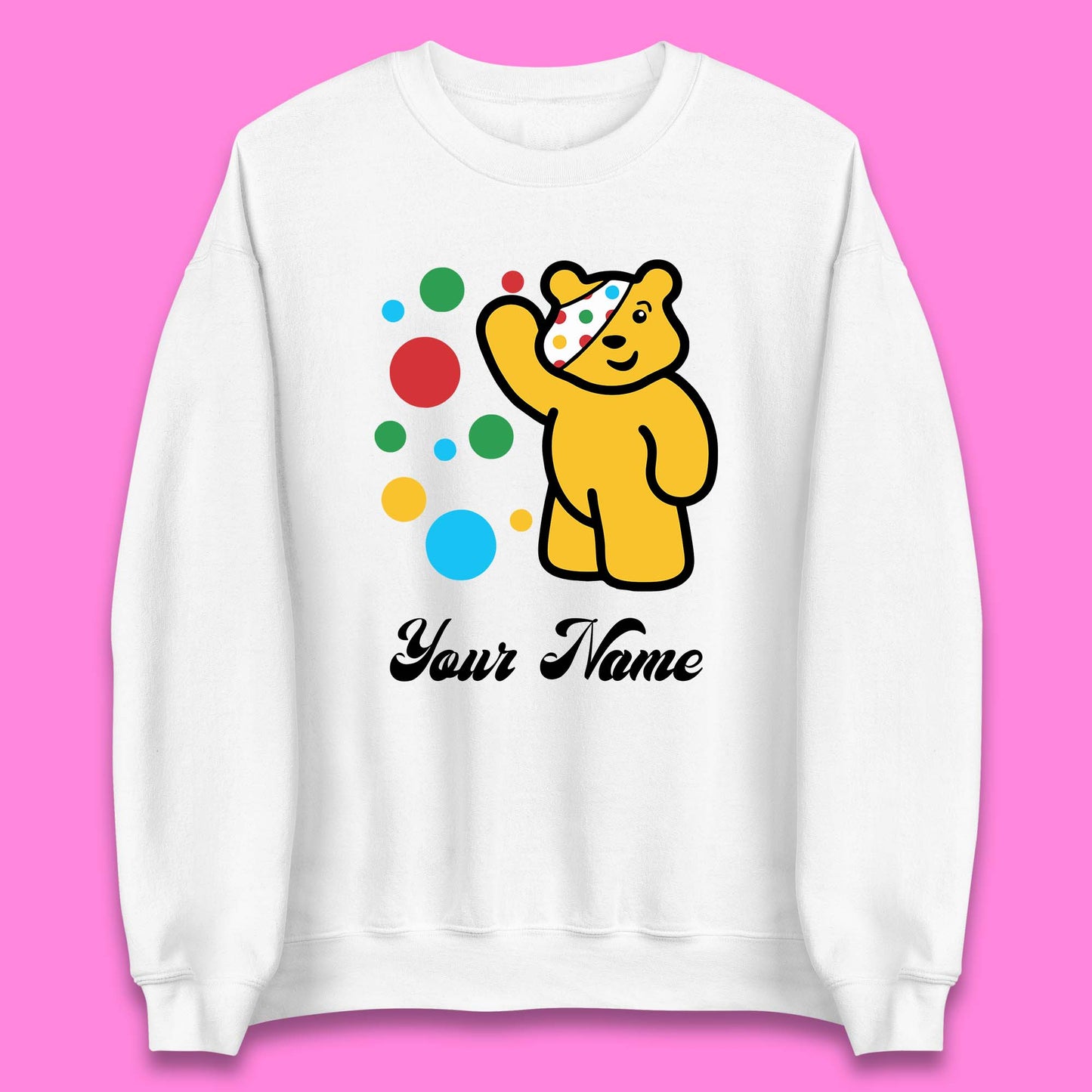 Personalised Spotty Pudsey Bear Hand Waving Dotty Spot Your Name Fundraising Spotty Bear Spotty Day Unisex Sweatshirt