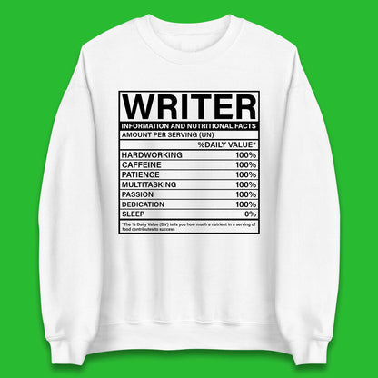 Writer Nutritional Facts Unisex Sweatshirt