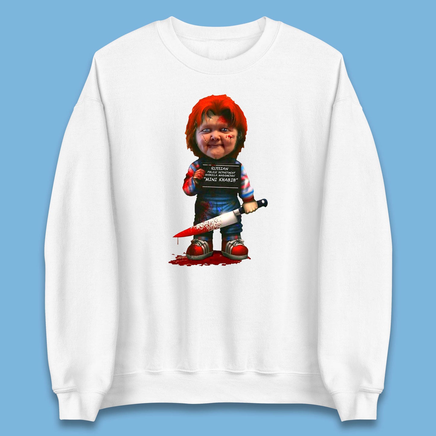Chucky Mug Shot Russian Police Dept Hasbulla Magomedov Chucky Mini Khabib Inspired Halloween Horror Movie Good Guy Chucky Unisex Sweatshirt