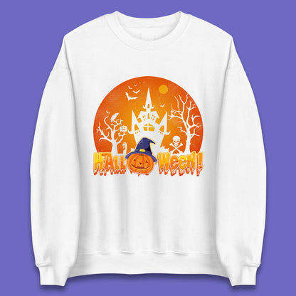 Halloween Pumpkin Witch Hat Haunted Castle Flying Bats Skull Bones Scary Dark Night Unisex Sweatshirt
