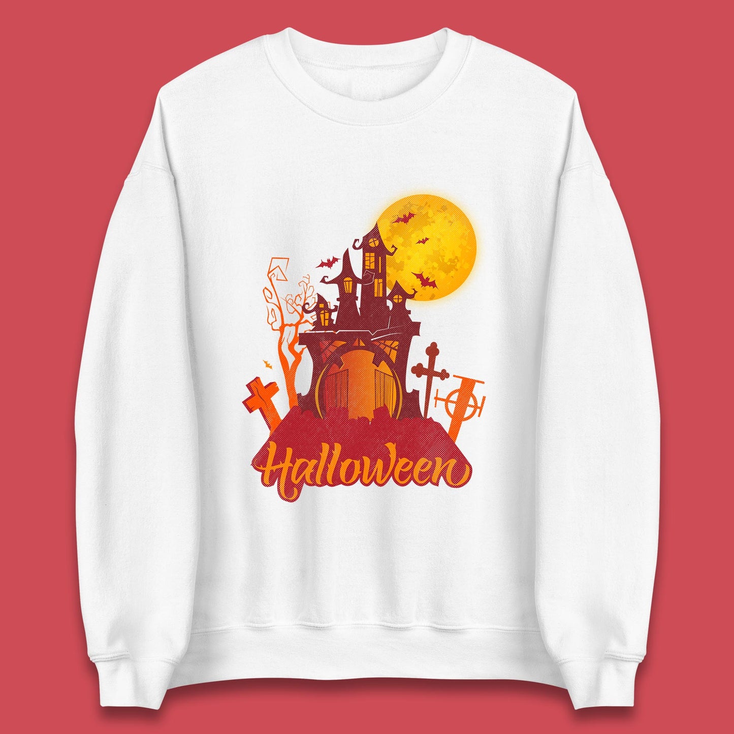 Halloween Lettering With Full Moon Scary Haunted House Flying Bats Horror Graveyard Unisex Sweatshirt