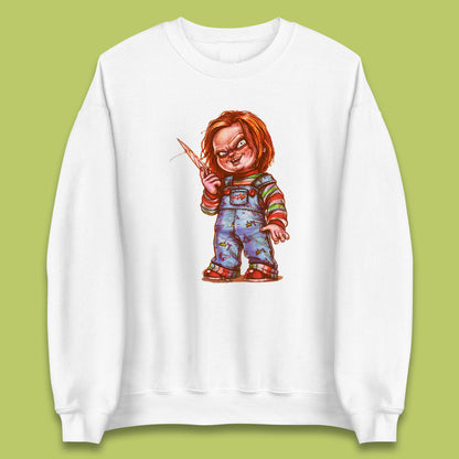 The Horror Movie Character Chucky With Knife Serial Killer Halloween Horror Movie Inspired Chucky Unisex Sweatshirt
