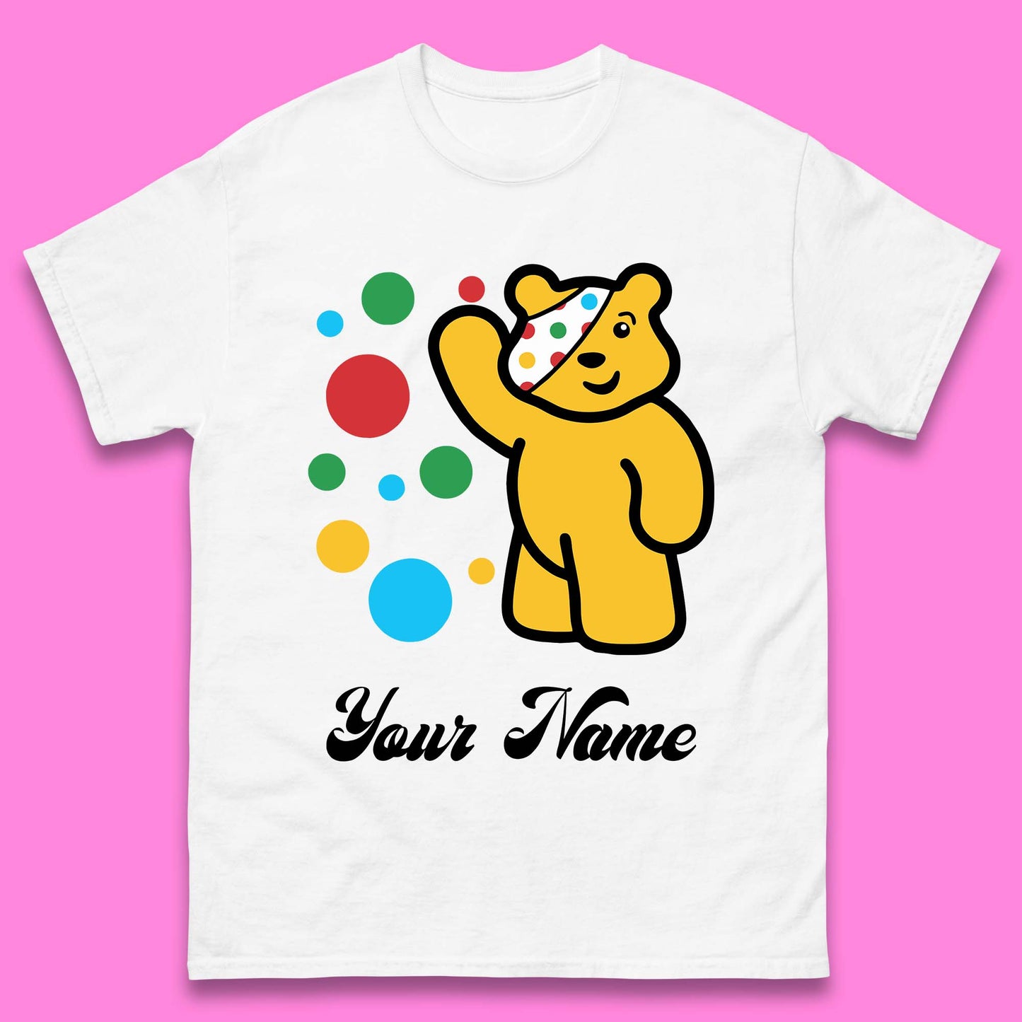 Personalised Spotty Pudsey Bear Hand Waving Dotty Spot Your Name Fundraising Spotty Bear Spotty Day Mens Tee Top