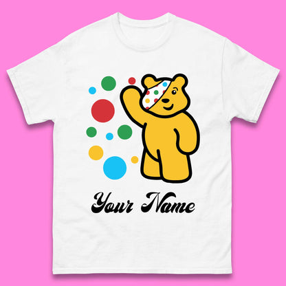 Personalised Spotty Pudsey Bear Hand Waving Dotty Spot Your Name Fundraising Spotty Bear Spotty Day Mens Tee Top