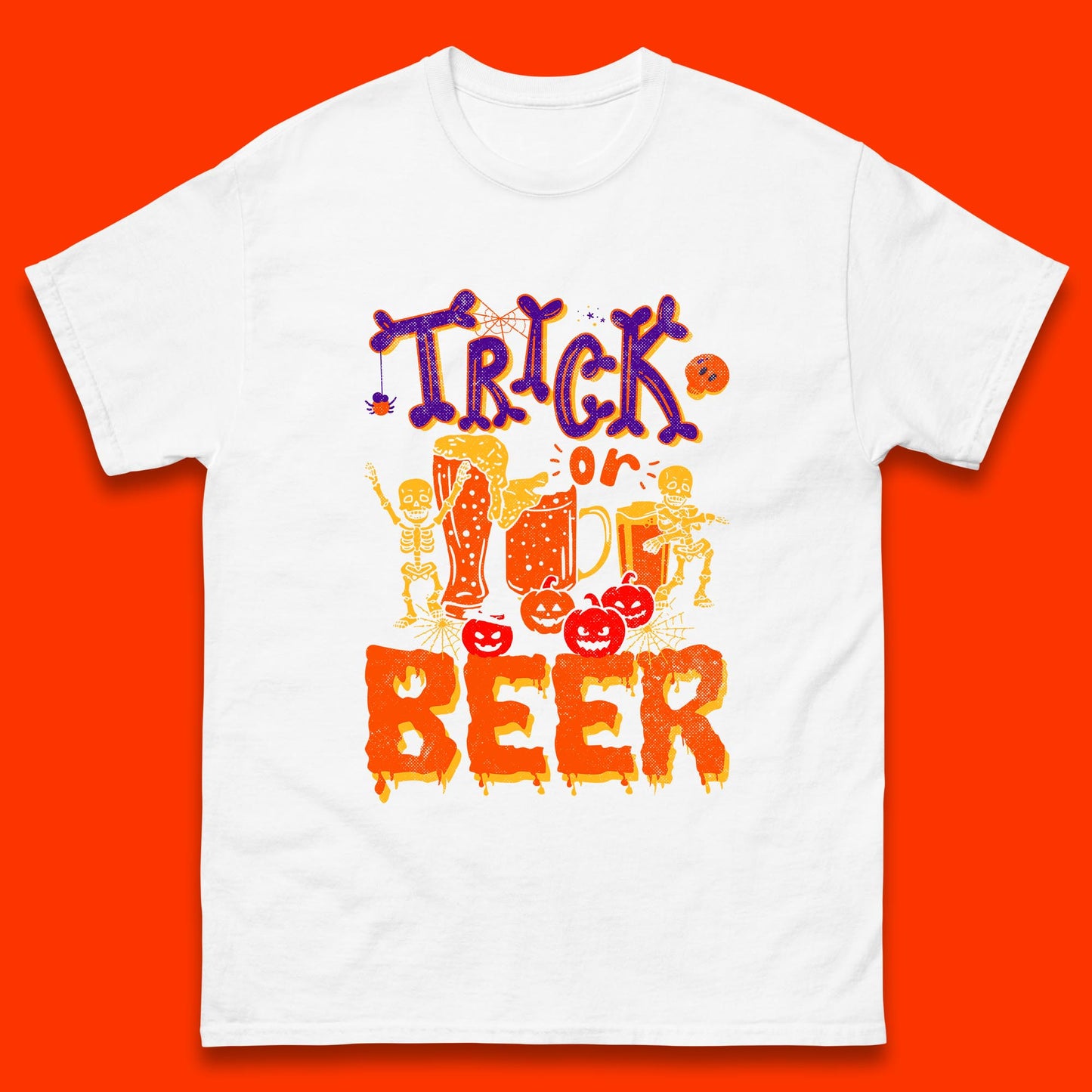 Trick Or Beer Halloween Drinking Beer Lover Dancing Skeleton Drinker Halloween Party Mens Tee Top