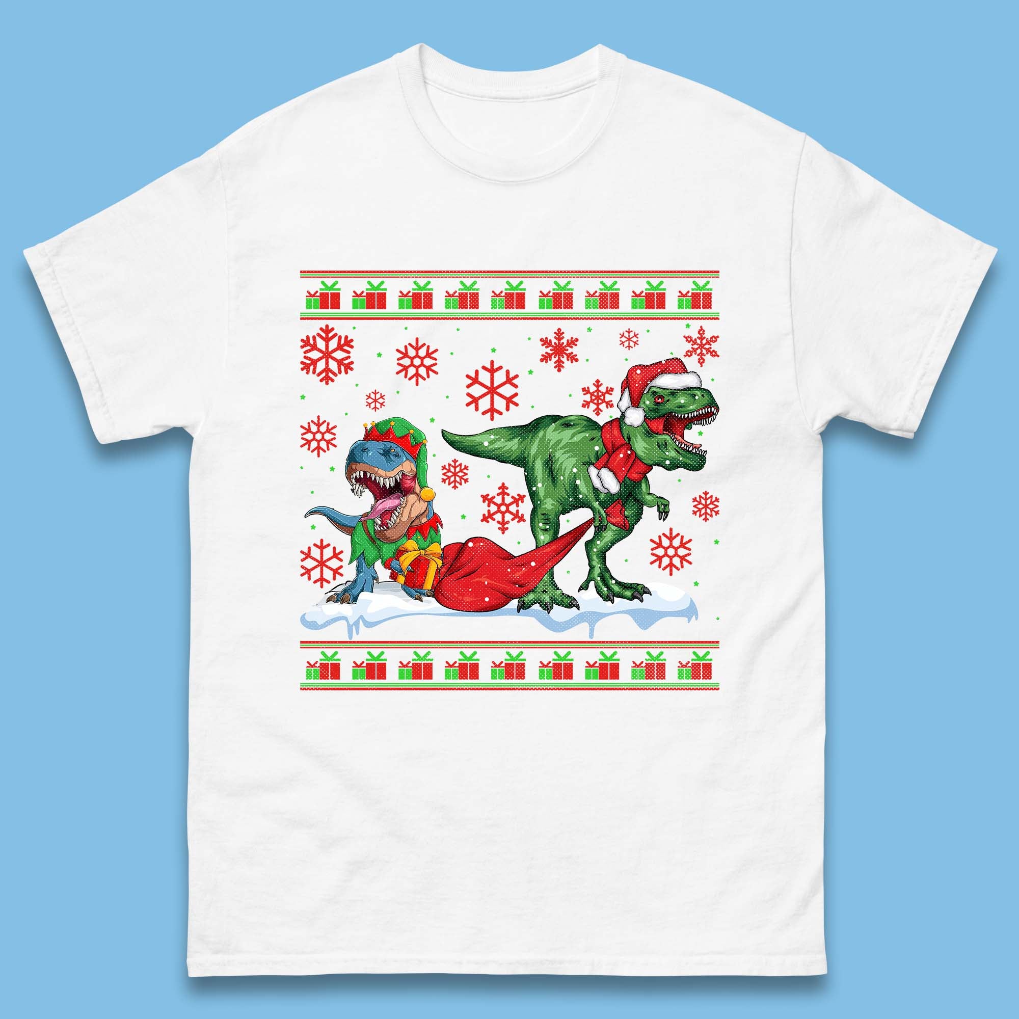 Santa Elf Dinosaur Trex Wearing Christmas Santa Claus And Elf Costume And Holding A Gift Bag Xmas Mens Tee Top