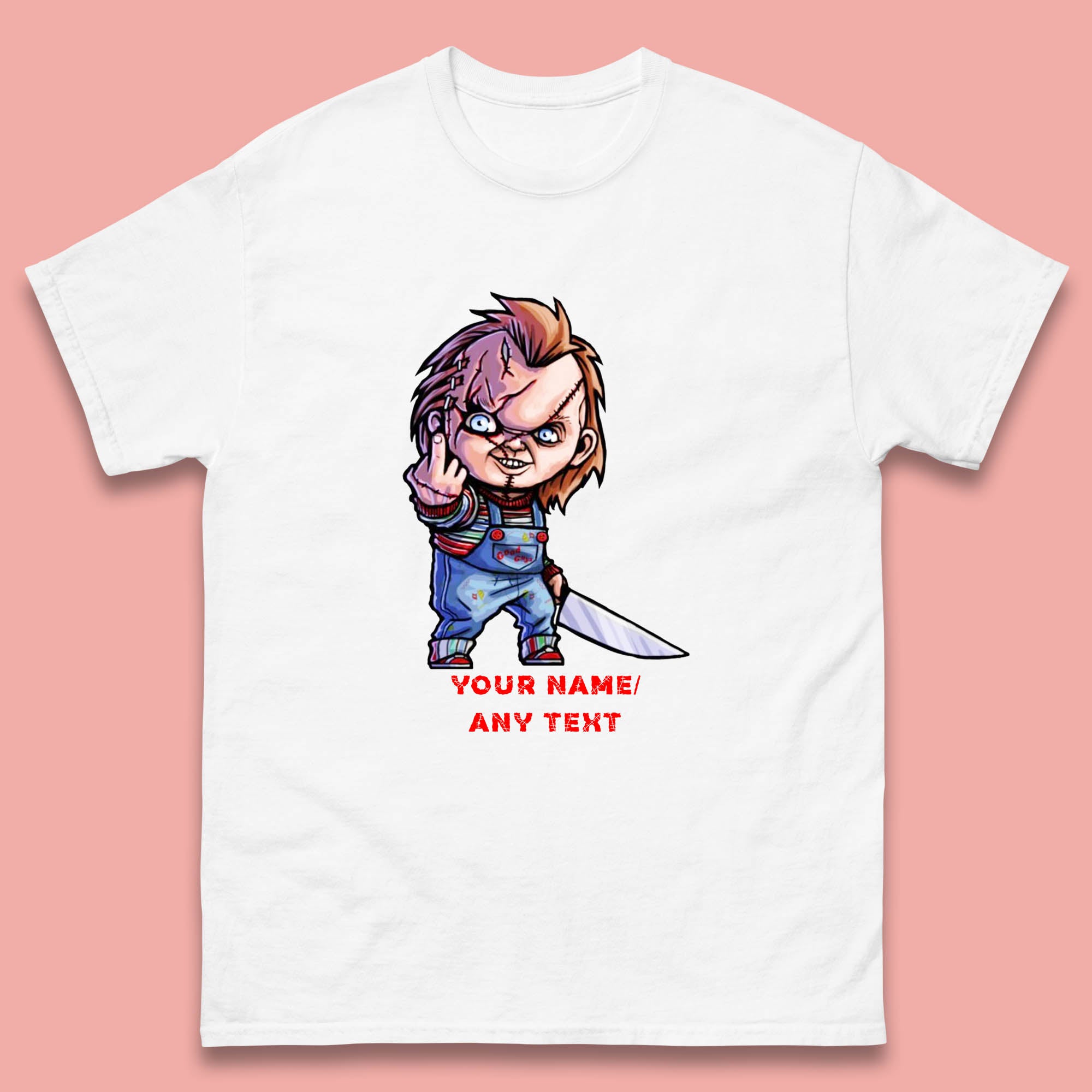 Personalised Chucky With Knife Your Name Or Text Halloween Horror Movie Character Mens Tee Top