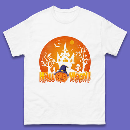 Halloween Pumpkin Witch Hat Haunted Castle Flying Bats Skull Bones Scary Dark Night Mens Tee Top