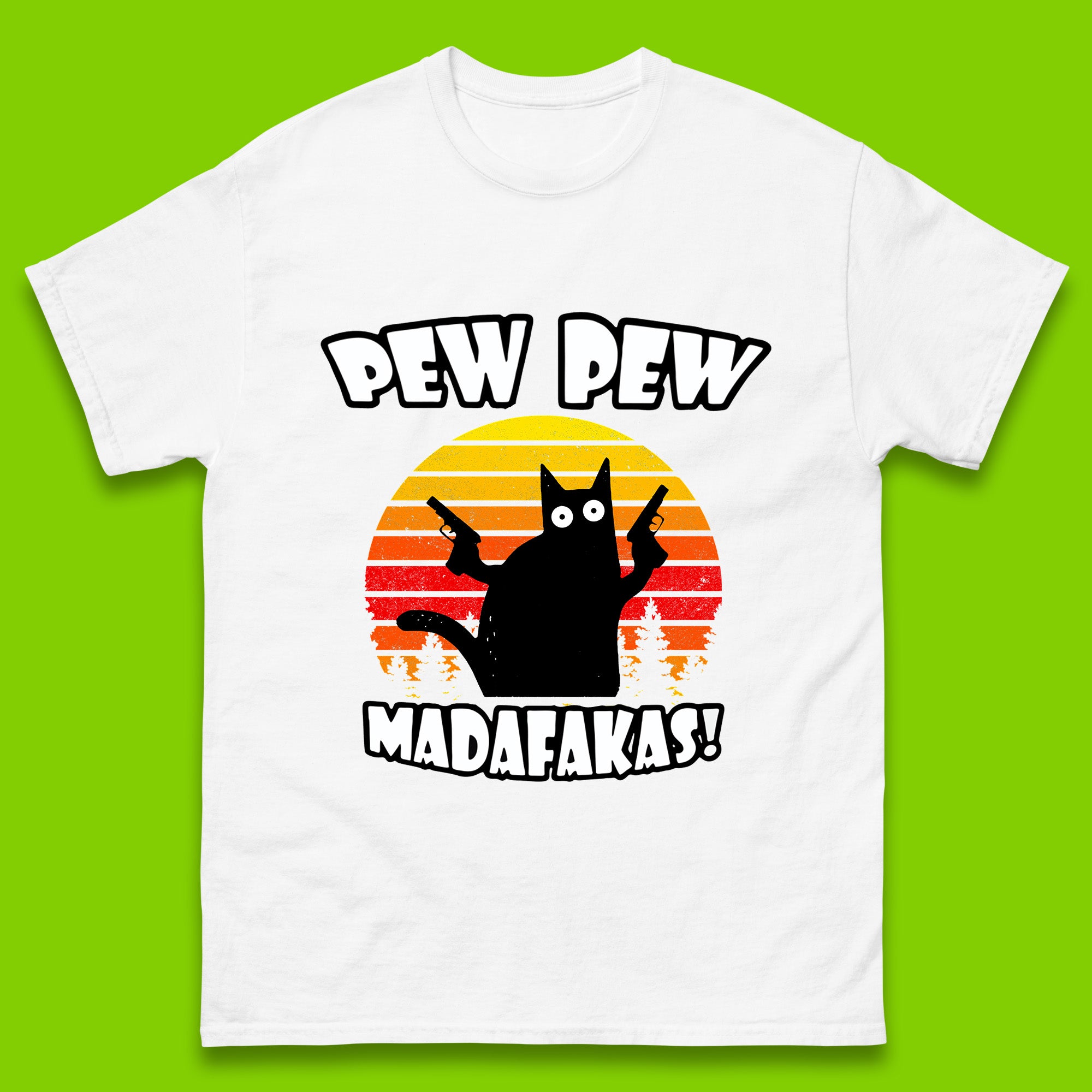 Pew Pew Madafakas Funny Joke Retro Vintage Cat Gun Pistol Kitty Pew Pew Cat Meme Mens Tee Top