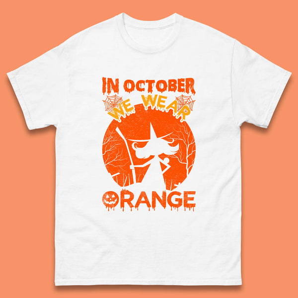 In October We Wear Orange Funny Quote Scary Witch With Broom Halloween Costume October Festive Mens Tee Top