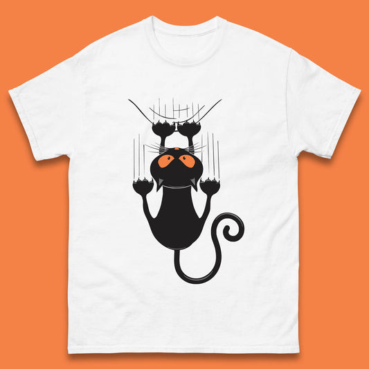 Black Cat Cartoon Scratching Climbing Wall Halloween Horror Scary Black Cat Spooky Season Mens Tee Top