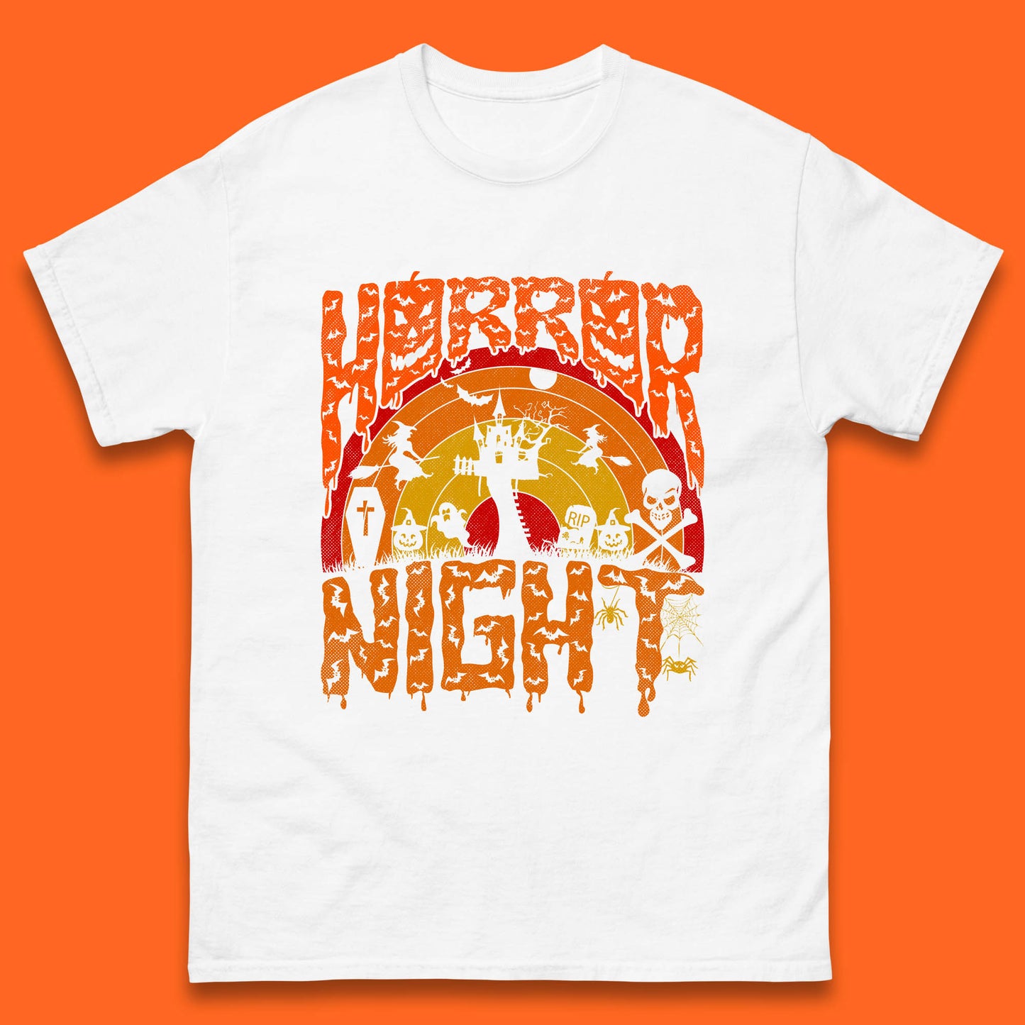 Halloween Horror Night Vintage Rainbow Flying witches Scary Boo Spooky Festive Night Mens Tee Top