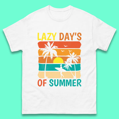 Lazy Days Of Summer Vintage Retro Sunset Surfer Beach Palm Trees Mens Tee Top