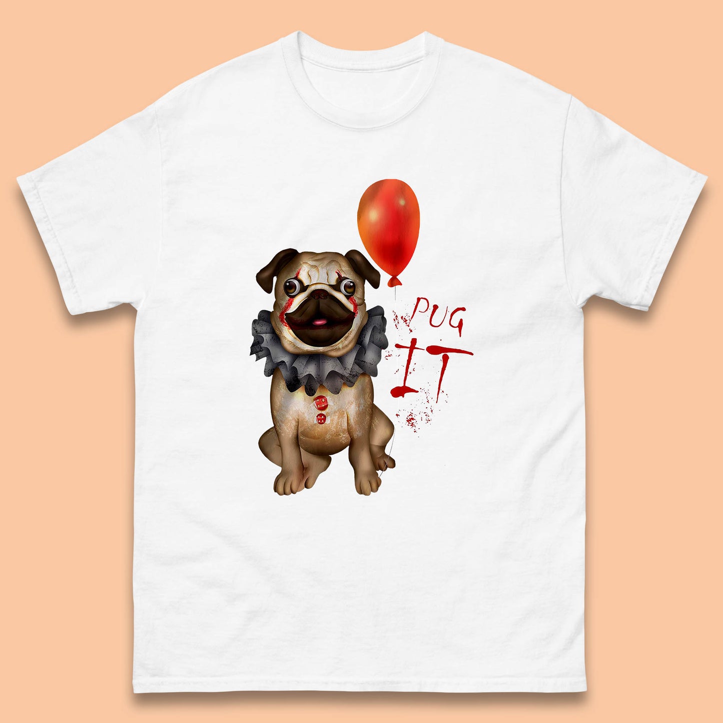 Pug IT Pennywise Clown Dog Spoof Halloween Pug Dog Costume Horror Movie Serial Killer Mens Tee Top