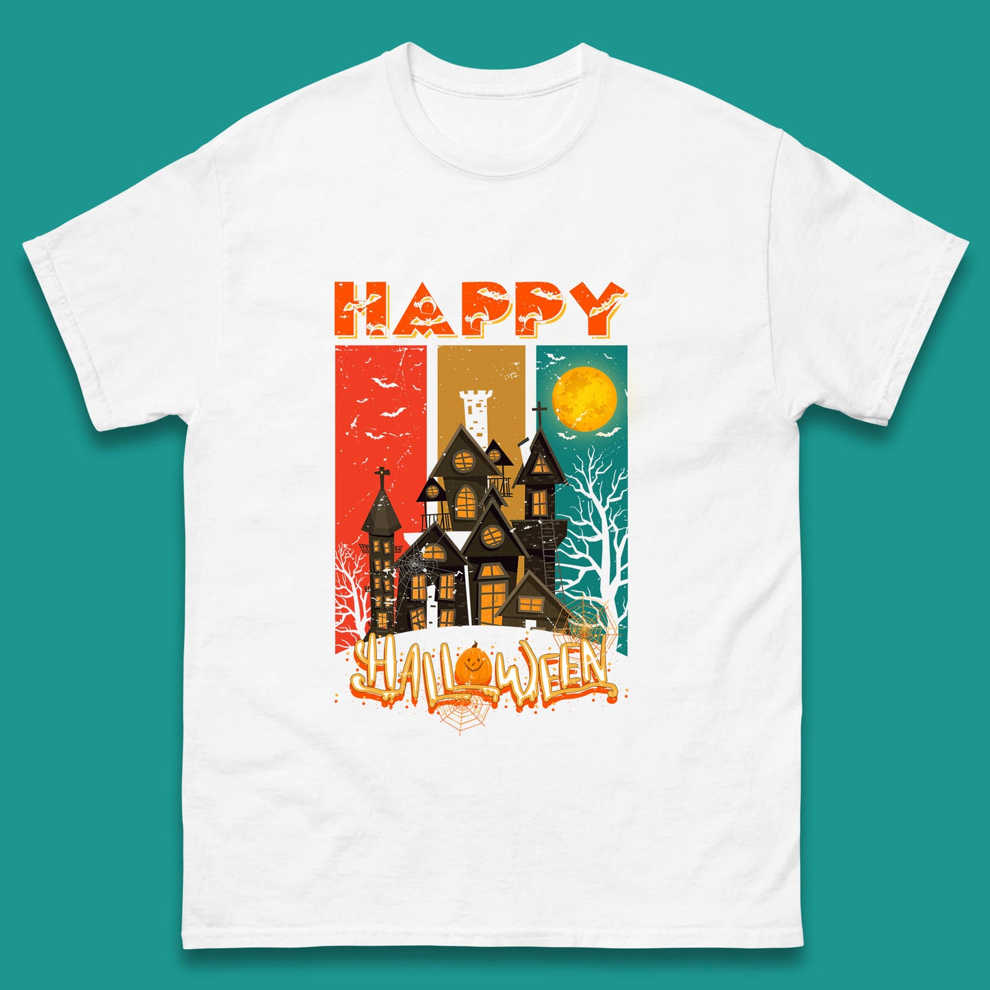 Happy Halloween Vintage Style Horror Scary Haunted House Mens Tee Top