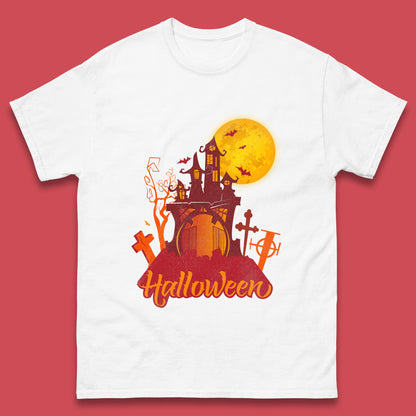 Halloween Lettering With Full Moon Scary Haunted House Flying Bats Horror Graveyard Mens Tee Top