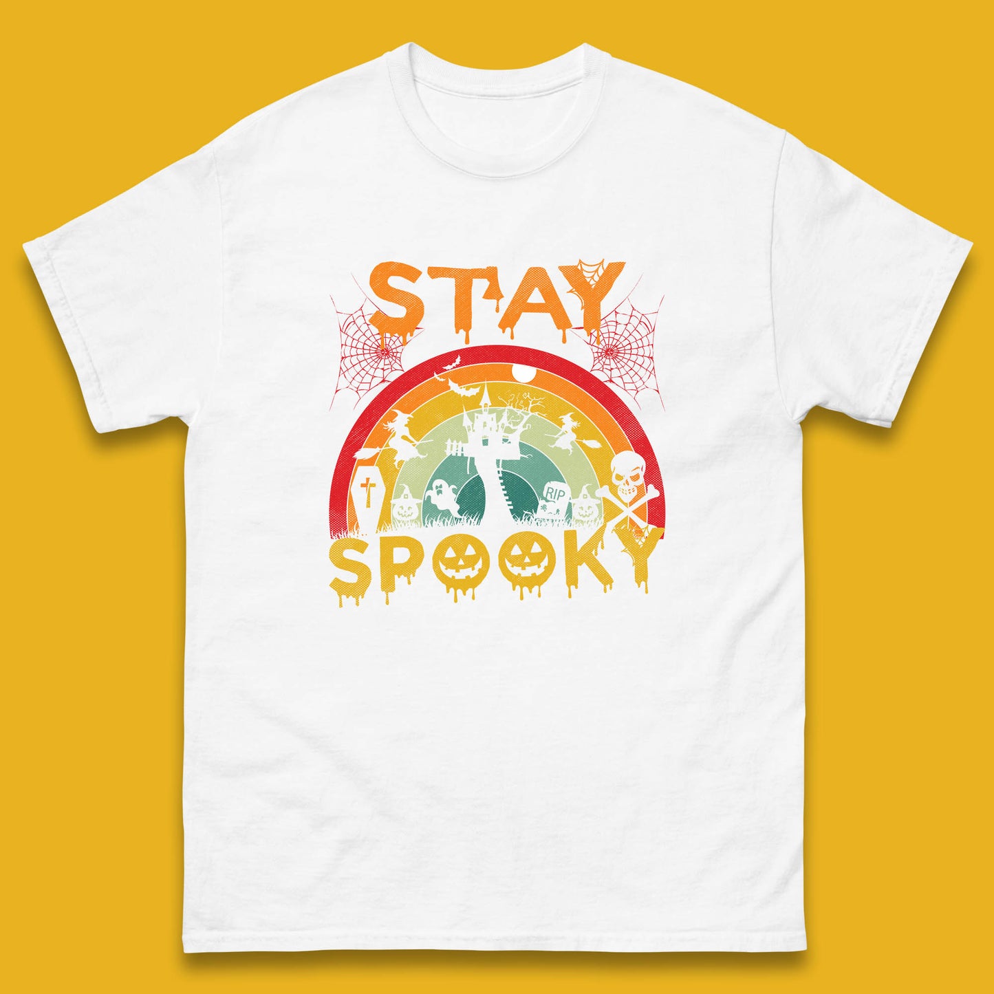 Stay Spooky Vintage Halloween Hunted House Dark Night Full Moon And Flying Bats Mens Tee Top