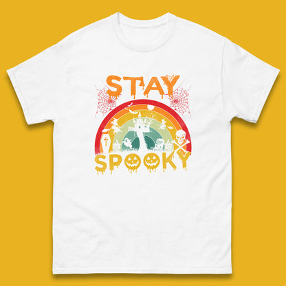 Stay Spooky Vintage Halloween Hunted House Dark Night Full Moon And Flying Bats Mens Tee Top