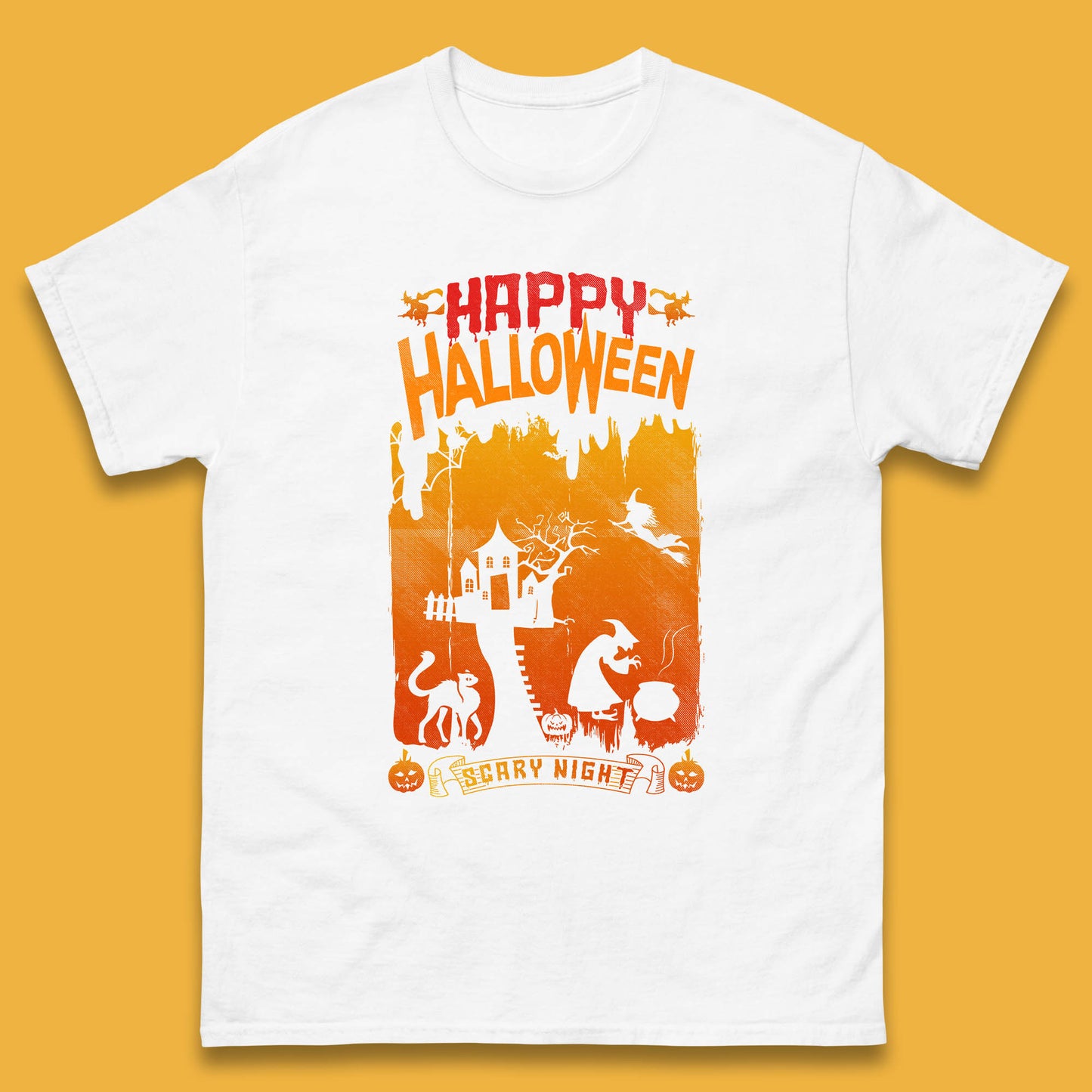 Happy Halloween Horror Hunted House Flying Witch Scary Spooky Night Mens Tee Top