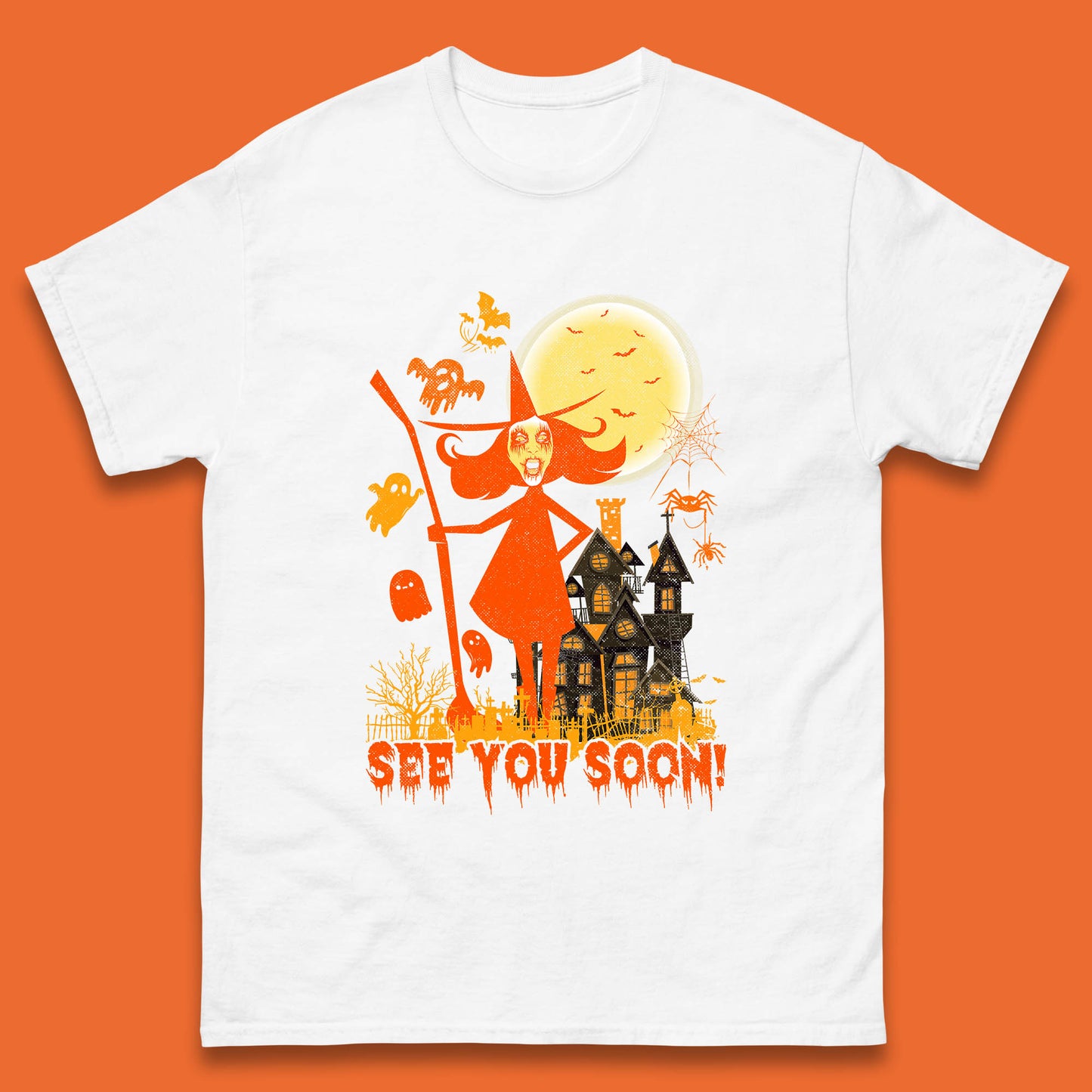 See You Soon Halloween Witch With Broom Horror Scary Haunted House Mens Tee Top