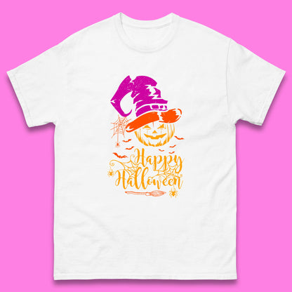 Happy Halloween Witch Hat Pumpkin Horror Scary Jack-o-lantern Flying Bats Mens Tee Top