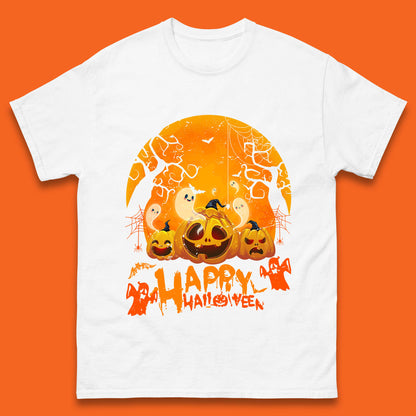 Happy Halloween Jack O Lantern Pumpkins Scary Boo Ghost Haunted Trees Mens Tee Top