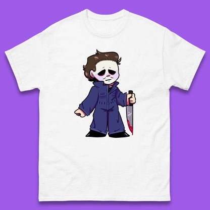 Chibi Michael Myers Holding Bloody Knife Halloween Serial Killer Horror Movie Character Mens Tee Top