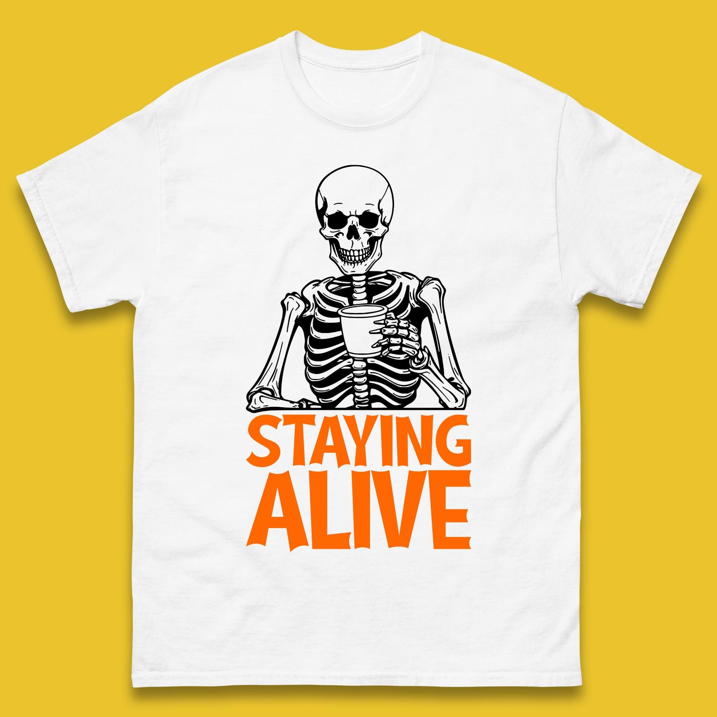 Staying Alive Funny Skeleton Trendy Coffee Halloween Skull Vintage Coffee Lovers Mens Tee Top