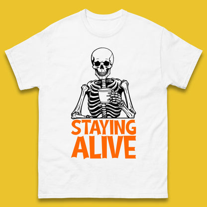 Staying Alive Funny Skeleton Trendy Coffee Halloween Skull Vintage Coffee Lovers Mens Tee Top