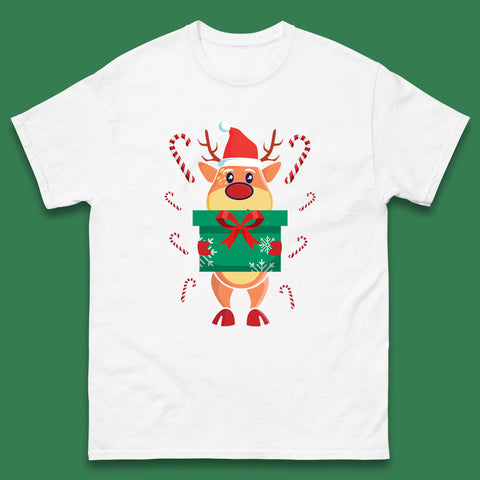 Cute Christmas Santa Reindeer Holding Gift Box Rudolph Xmas Candy Cane Mens Tee Top