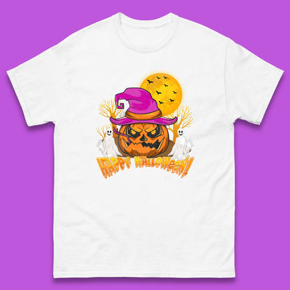 Happy Halloween Pumpkin Witch Hat Jack-o'-lantern With Full Moon Flying Bats Horror Scary Boo Ghost Mens Tee Top