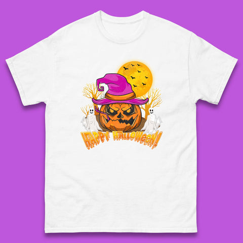 Happy Halloween Pumpkin Witch Hat Jack-o'-lantern With Full Moon Flying Bats Horror Scary Boo Ghost Mens Tee Top