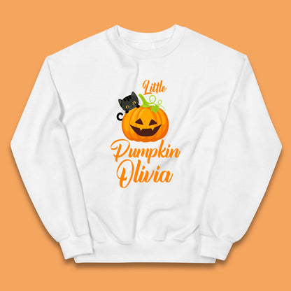 Personalised Little Pumpkin Your Name Black Cat Witch On Pumpkin Kids Jumper