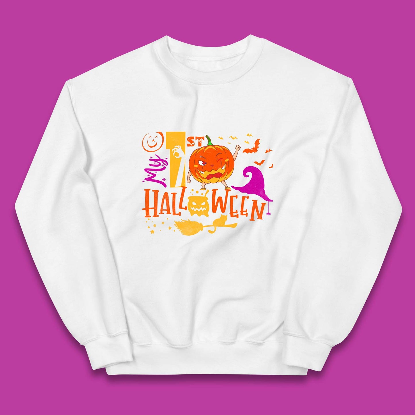 My 1st Halloween Cartoon Halloween Pumpkin Witch Hat Devil Smile Scary Spooky Season Kids Jumper